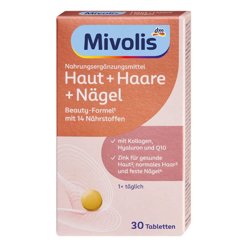front-mivolis-haut-haar-naegel-30-st-edited.jpg قرص پوست مو ناخن میولیس | کلاژن، Q10 و هیالورون | ۳۰ عدد - تصویر 1